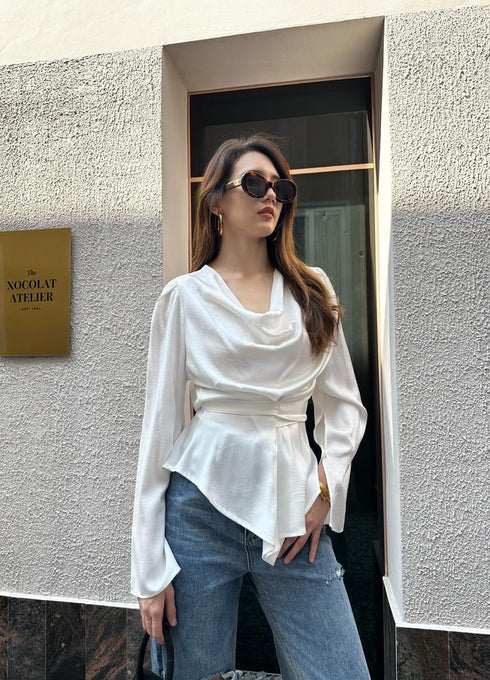 Premium Satin Cowl Neck Waist Tie Trumpet Sleeves Tops